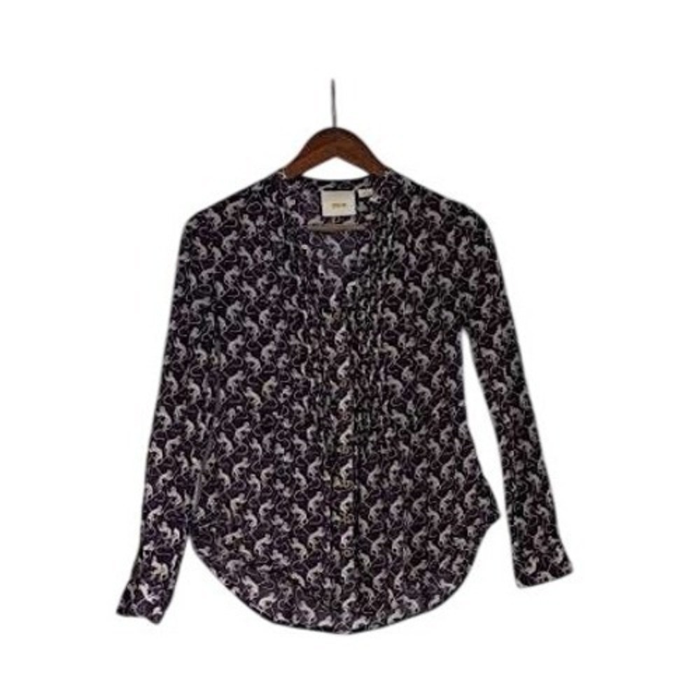 Maeve Anthropologie Purple Monkey Print Pintuck Pleated Cotton Blouse S $88